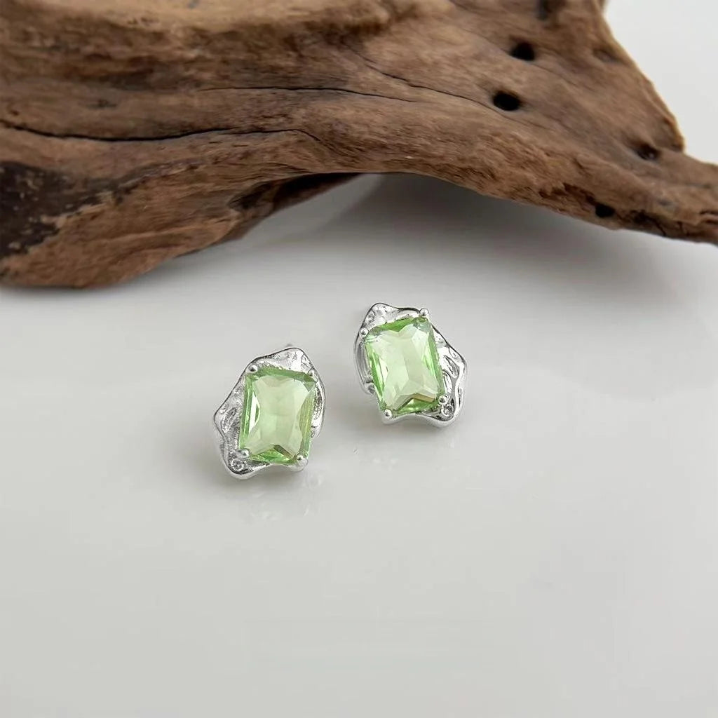 Fresh Grass Green Zircon Micro Pave Eco Copper Liquid Metal Irregular Geometric Stud Earrings