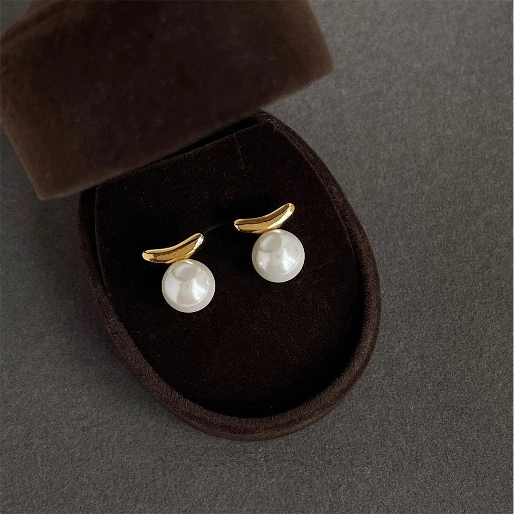14K Gold Plated Copper Glass Pearl Geometric Balance Bar Stud Earrings Minimalist Designer Jewelry