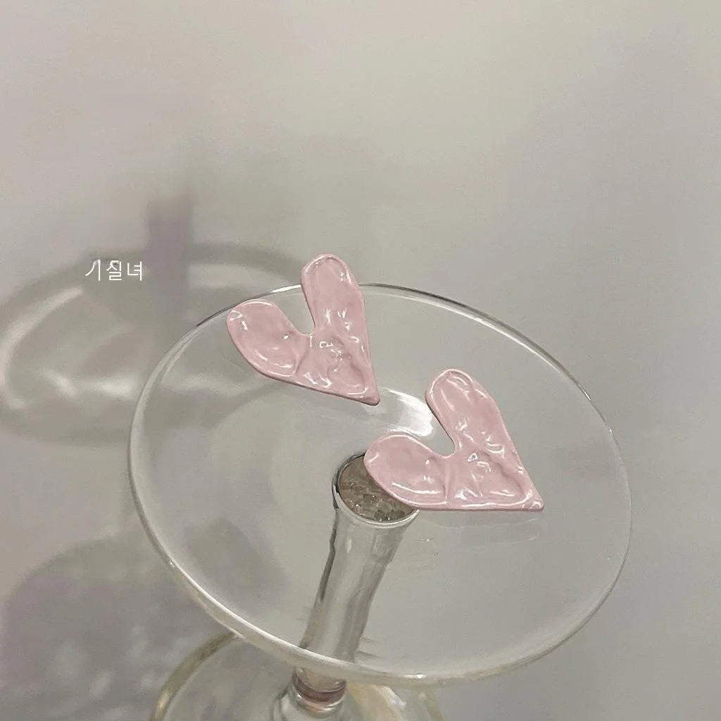 Sweet Korean Style Lotus Pink Enamel Heart Metal Silver Plated Stud Earrings