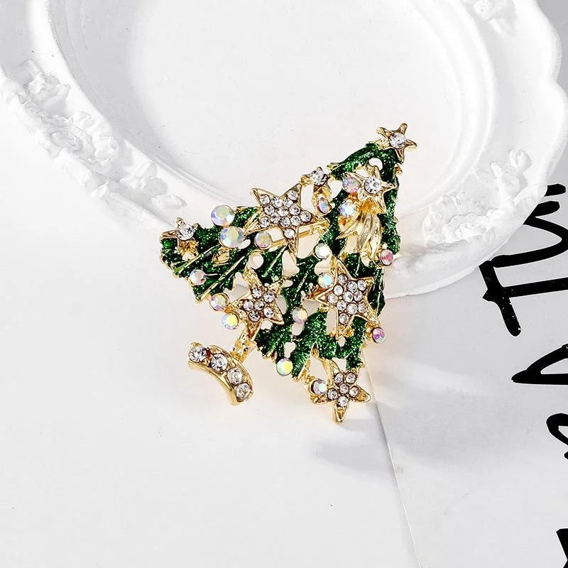 Luxury Enamel Christmas Tree Star Rhinestone Alloy Brooch Hollow Lapel Pin Festive Suit Accessory Gift