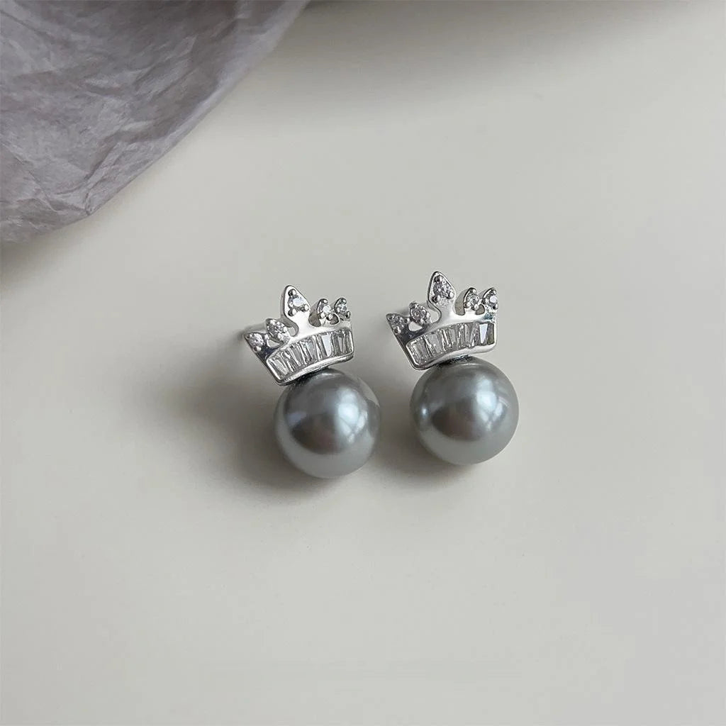 French Light Luxury Copper Glass Pearl Crown Stud Earrings With Micro Pave Zircon