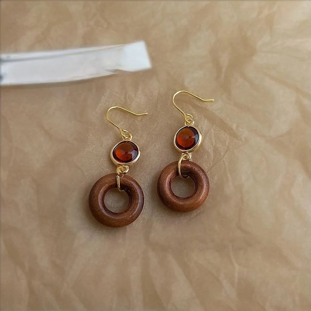 Handmade Ethnic Vintage Wooden Hollow Glass Crystal Peace Buckle Drop Earrings