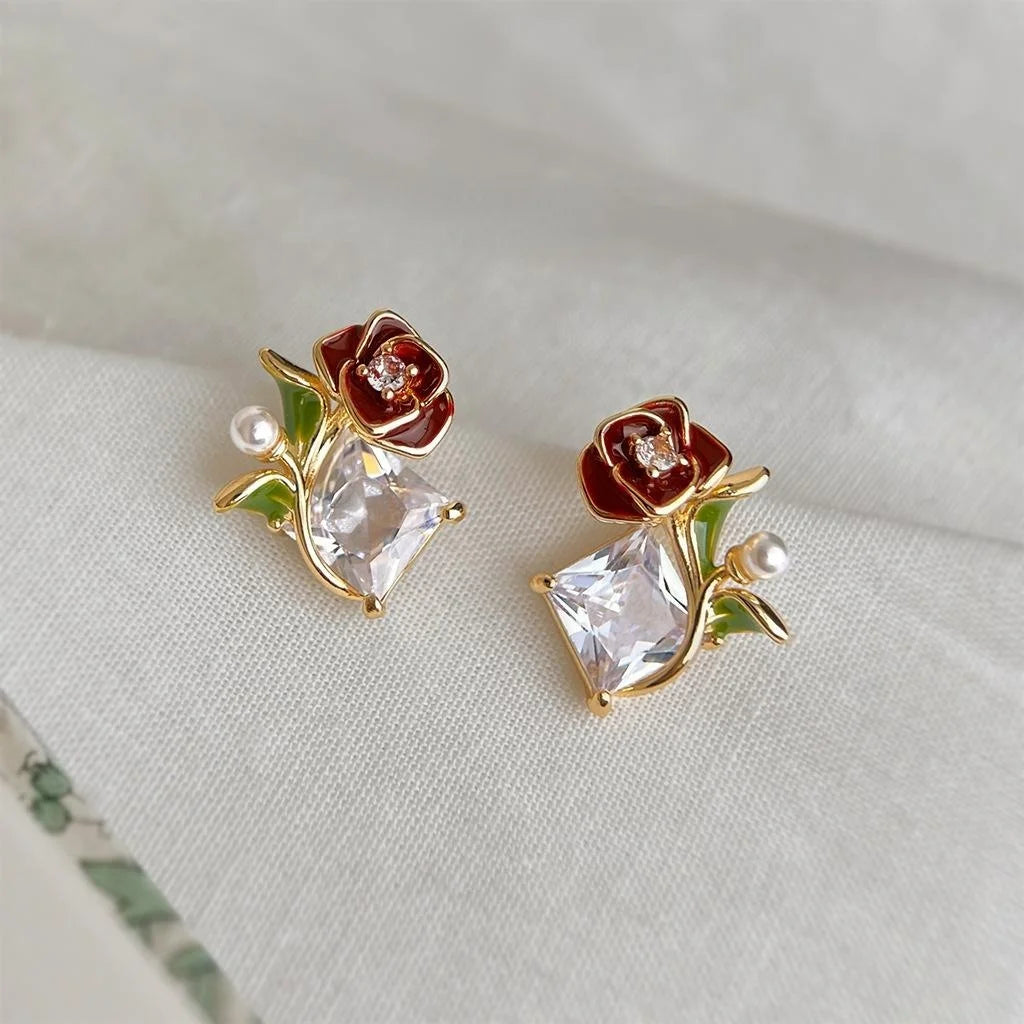 Ethnic Rose Flower Zircon Pearl Enamel Copper Stud Earrings