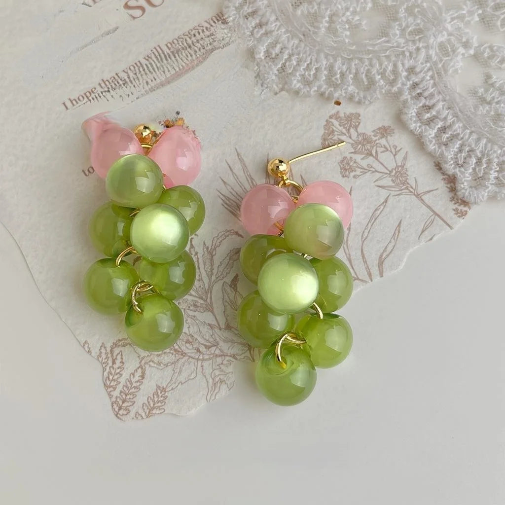 Fresh Sweet Resin Green Grape Cluster Drop Earrings Handmade Summer Fruit Geometric Jewelry