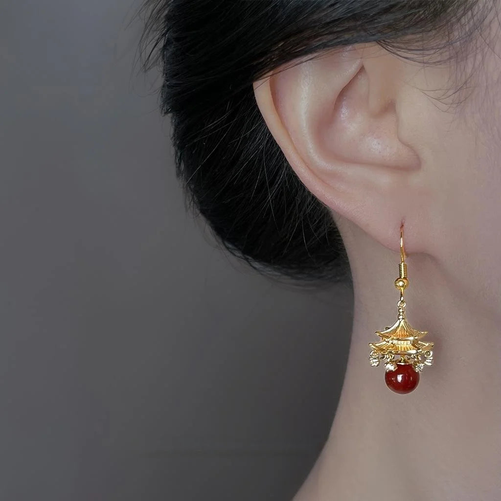 Chinese Style Geometric Tassel Drop Earrings With Copper Red Agate And Micro Pave Zircon
