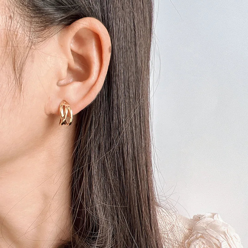 Elegant Matte Gold Alloy Twisted Hoop Stud & Clip On No Piercing Commuter Minimalist Metal Earrings