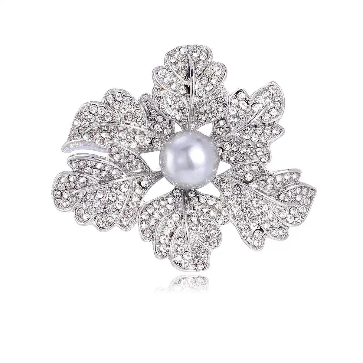 Elegant Rhinestone Flower Brooch With Faux Pearl Center, Silver Rose Corsage Lapel Pin Suit Accessory