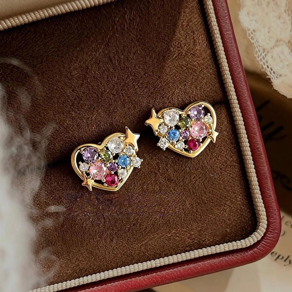 14K Gold Plated Copper Zircon Heart Stud Earrings Minimalist Light Luxury Commuter Jewelry