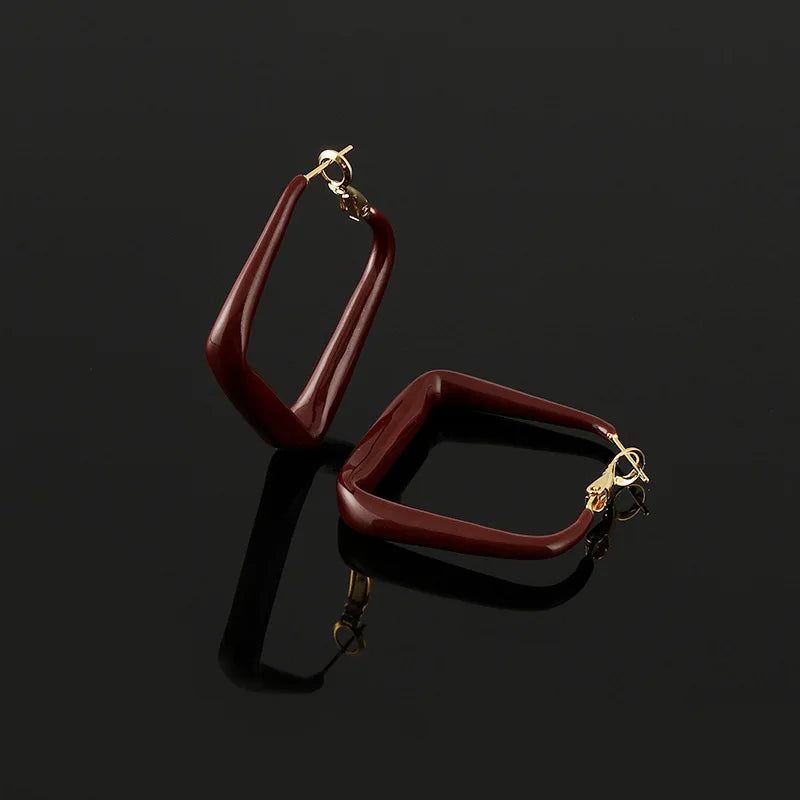 Vintage Burgundy Enamel Alloy Diamond Hoop Stud & Clip On No Piercing Geometric Statement Earrings