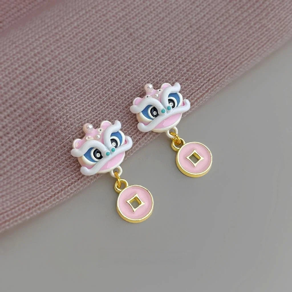 Pink Enamel Lion Dance Drop Earrings, Copper Sweet Girl Animal Jewelry
