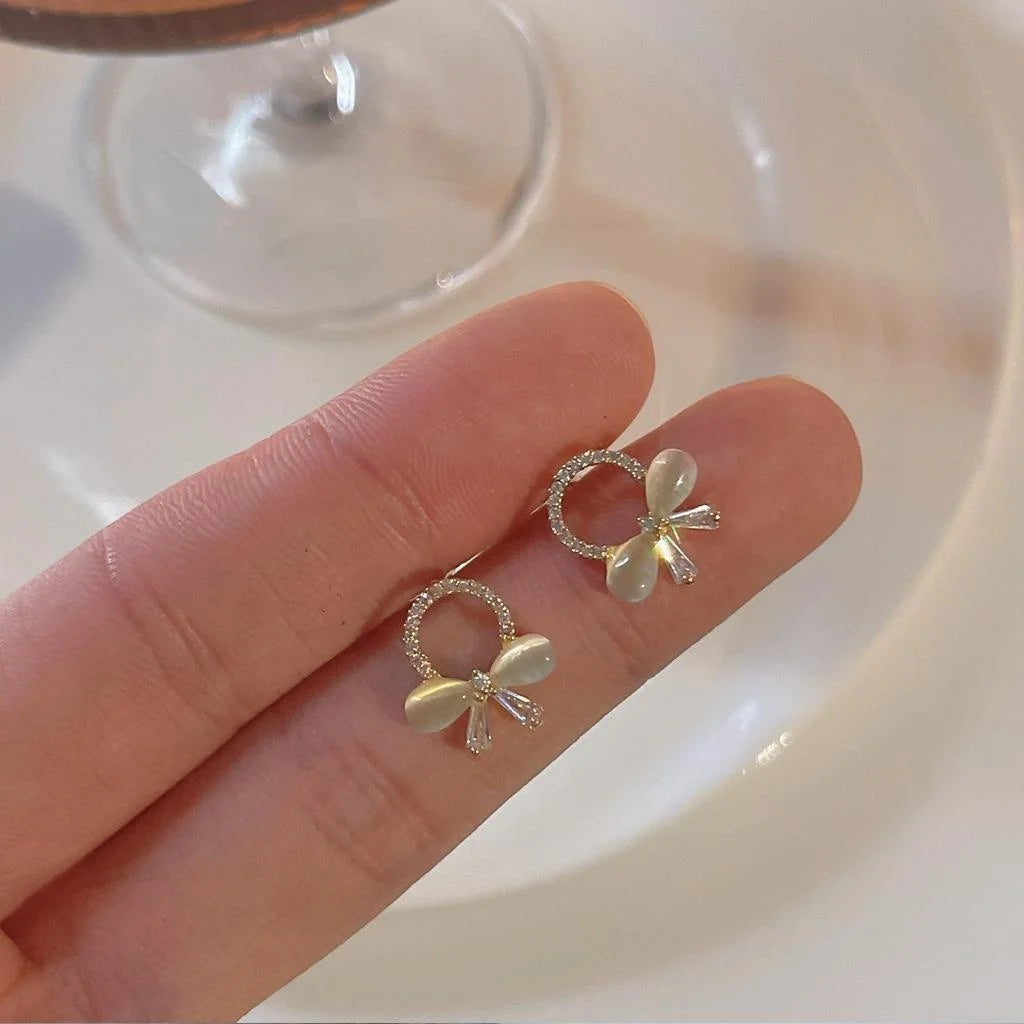 Sweet Korean Style 14K Plated Copper Bow Stud Earrings With Micro Pave Zircon Glass Cat Eye