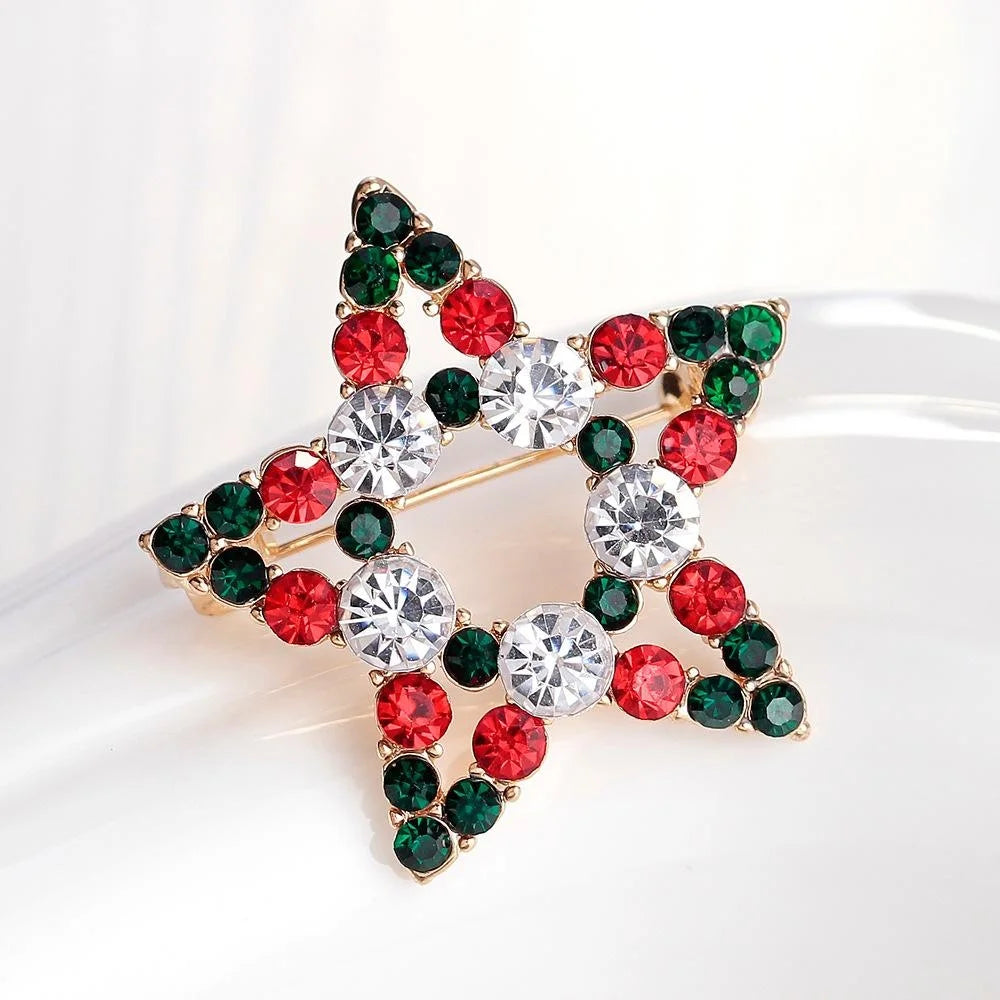 Elegant Christmas Star Rhinestone Alloy Brooch With Red Green Crystals, Festive Lapel Pin Corsage Gift