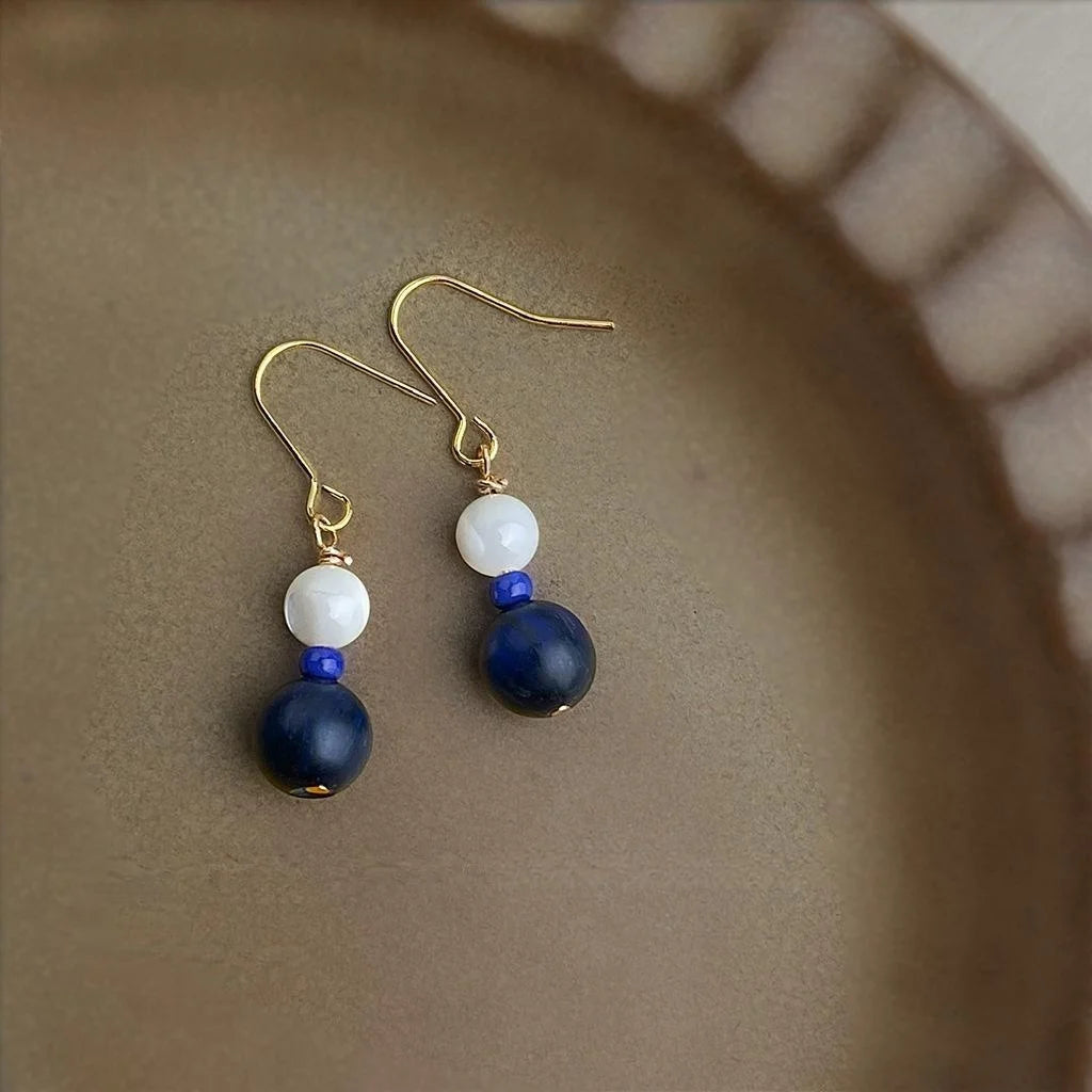 Natural Stone Geometric Round Drop Earrings Handmade Chinese Style Vintage Ethnic Jewelry