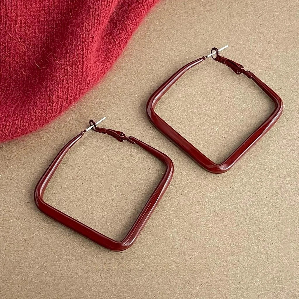 Vintage Hong Kong Style Red Enamel Geometric Square Metal Drop Earrings, Minimalist Ring Design