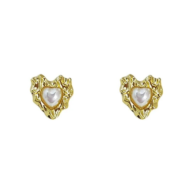French Vintage Irregular Heart Pearl Stud Earrings Copper Wrinkled Metal Statement Jewelry