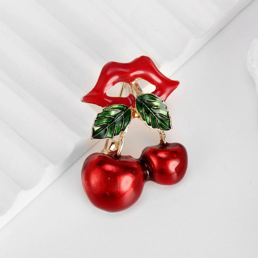 Cute Enamel Red Lips Cherry Brooch With Green Leaves, Alloy Fruit Lapel Pin Corsage Gift For Women