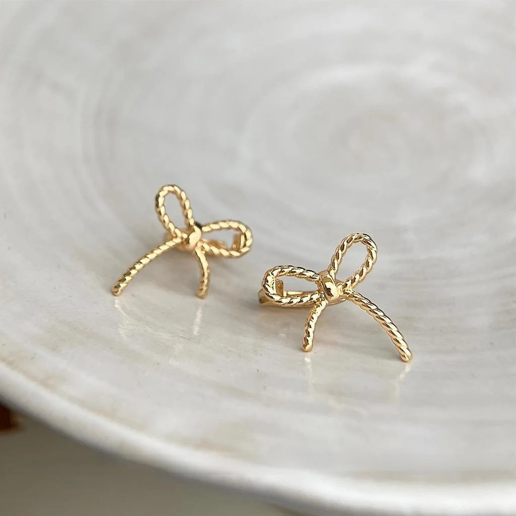 Simple Copper Bow Stud Earrings With Polka Dot Rope Knot Design Sweet Commuter Jewelry