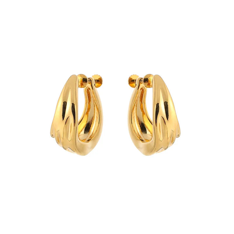 Elegant Gold Alloy Wrinkled Hoop Earrings For Women, Minimalist Stud & Clip On No Piercing Earrings