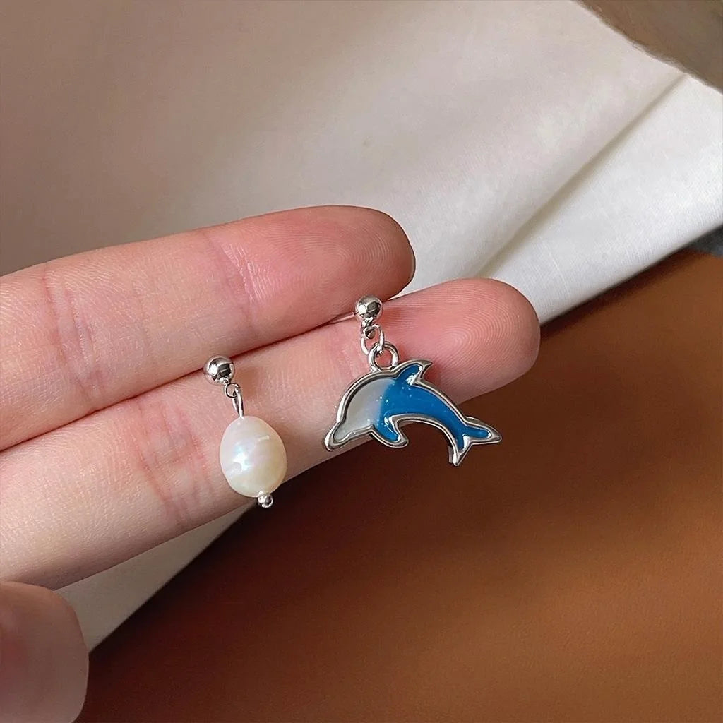 Original Design Copper Silver Plated Freshwater Pearl Asymmetric Dolphin Stud Earrings