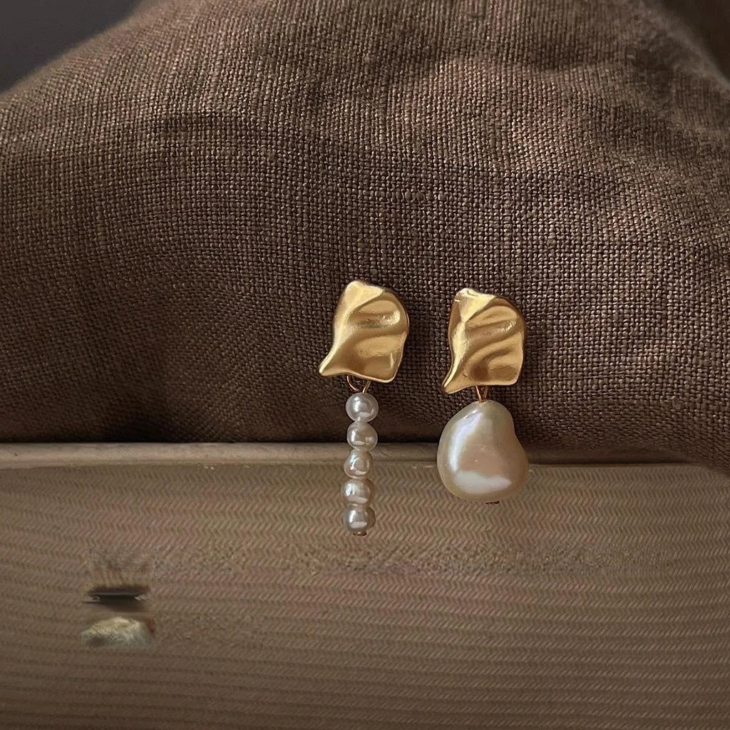 Handmade Baroque Freshwater Pearl Stud Earrings Asymmetrical Geometric Silver Plated Copper French Style