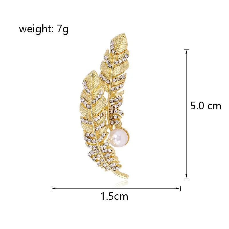 Elegant Gold Feather Leaf Brooch With Pearl And Rhinestone, Luxury Women's Lapel Pin Suit Accessory