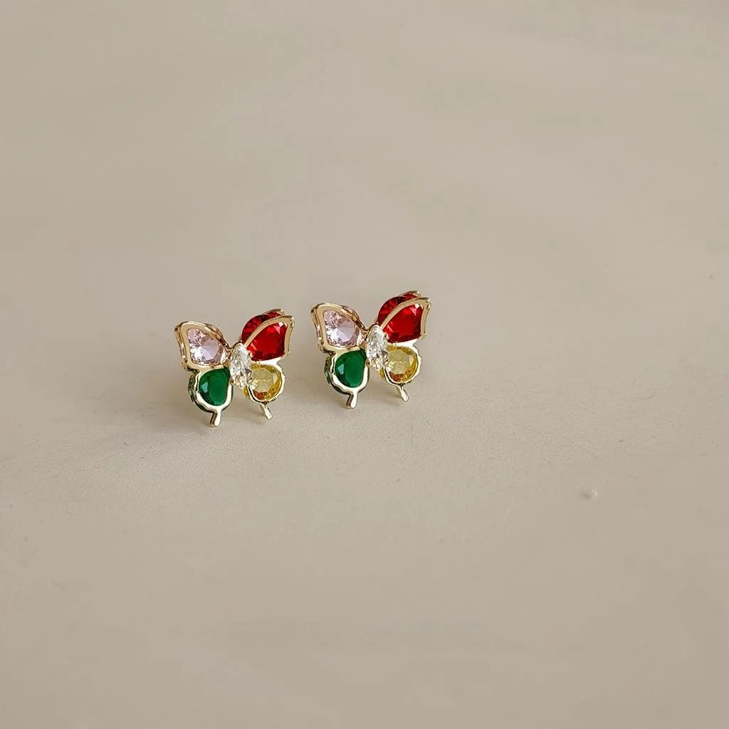 Cute Colorful Zircon Butterfly Stud Earrings 14K Plated Copper Sweet Fresh Jewelry