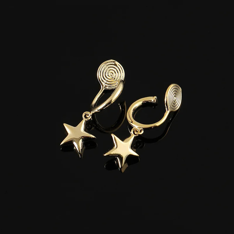 Elegant Luxury Gold Alloy Spiral Disk Five Point Star Charm Stud & Clip On No Piercing Drop Earrings