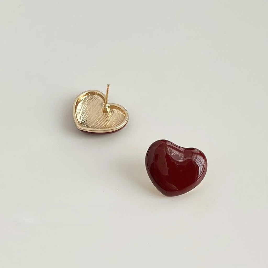 14K Plated Alloy Heart Stud Earrings Burgundy Enamel Milky White Korean Japanese Style