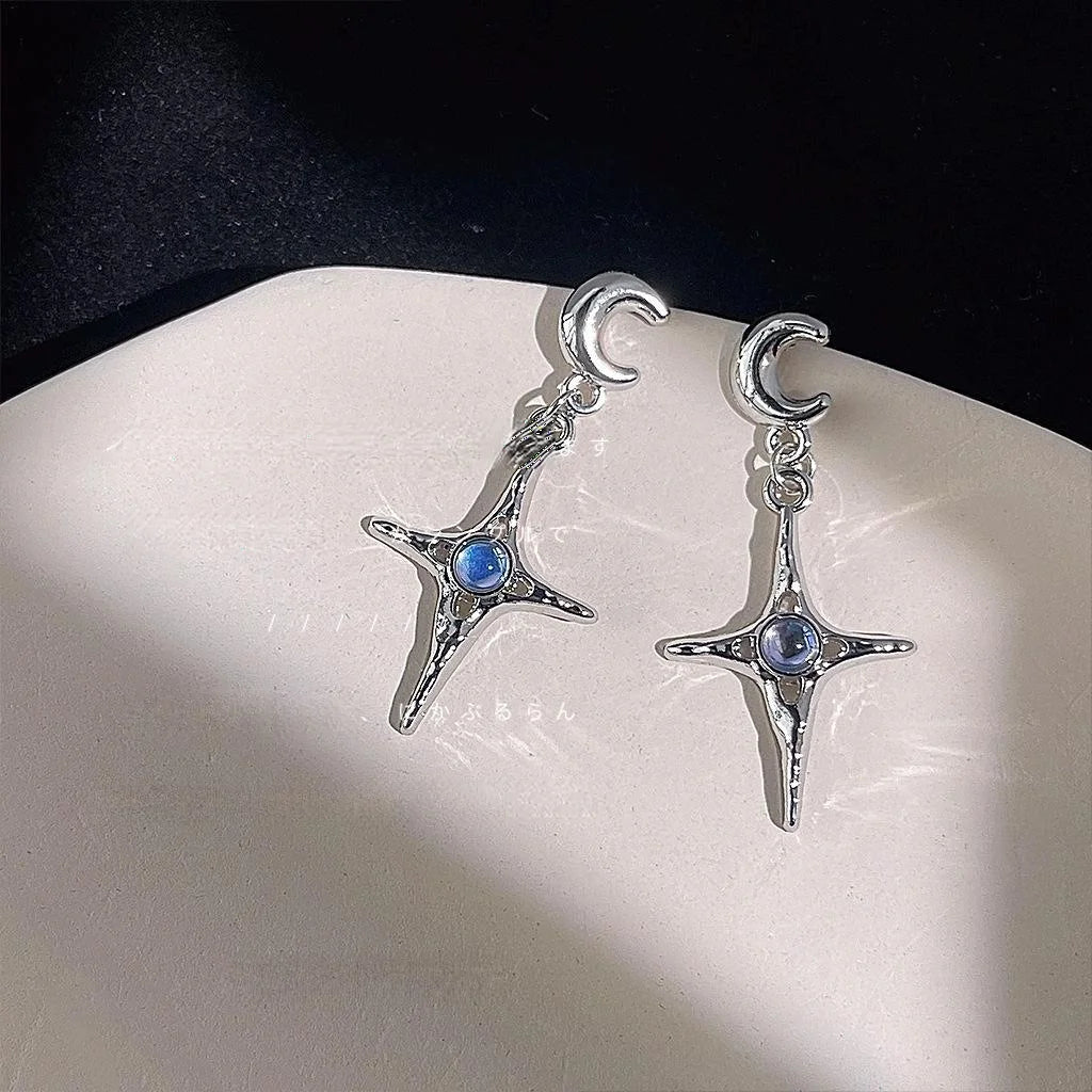 Sweet Cool Silver Tone Copper Hexagram Star Moon Long Stud Earrings For Women