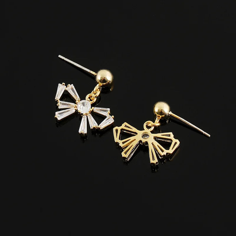 Elegant Zircon Bowknot Dangle Stud & Clip On No Piercing Gold Alloy Sweet Forest Style Earrings