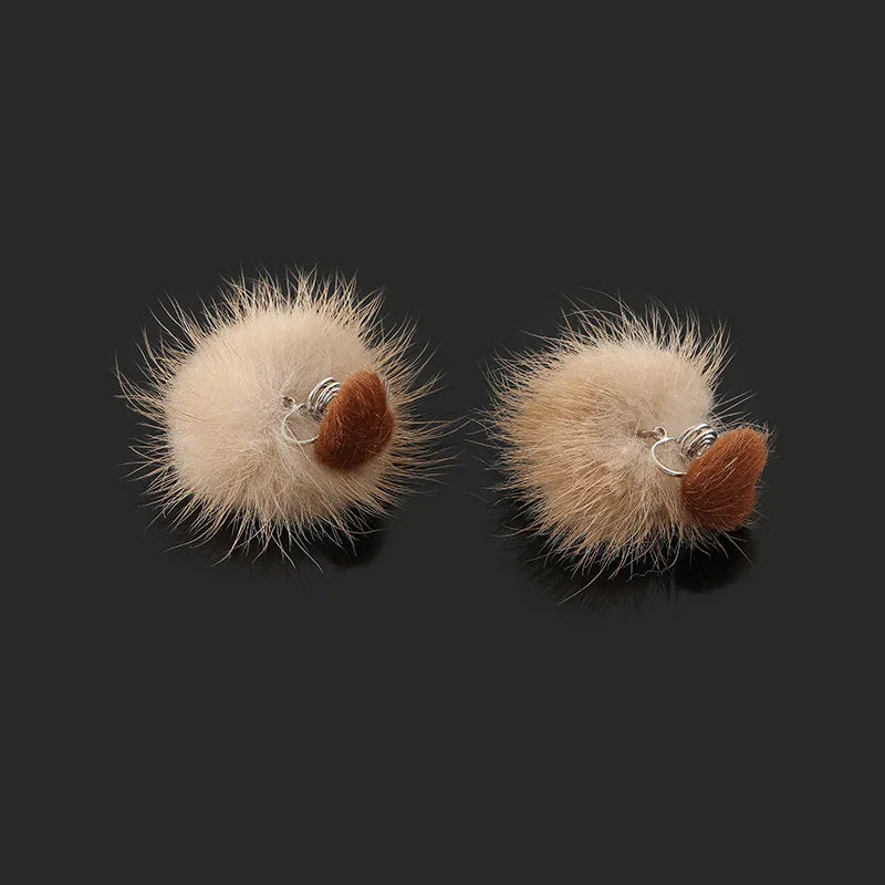 Elegant Soft Plush Heart And Mink Fur Ball Stud & Clip On No Piercing Winter Dangle Earrings