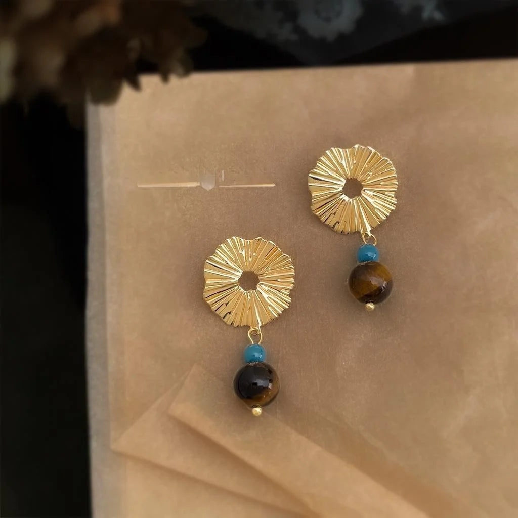 Vintage Natural Tiger Eye Stone Seed Bead Geometric Hoop Drop Earrings For Women