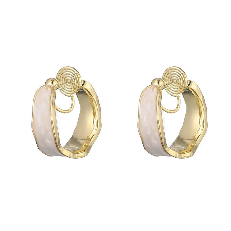 Elegant Gold Tone Irregular Wavy Enamel Alloy Hoop Stud & Clip On No Piercing Ear Cuff Earrings