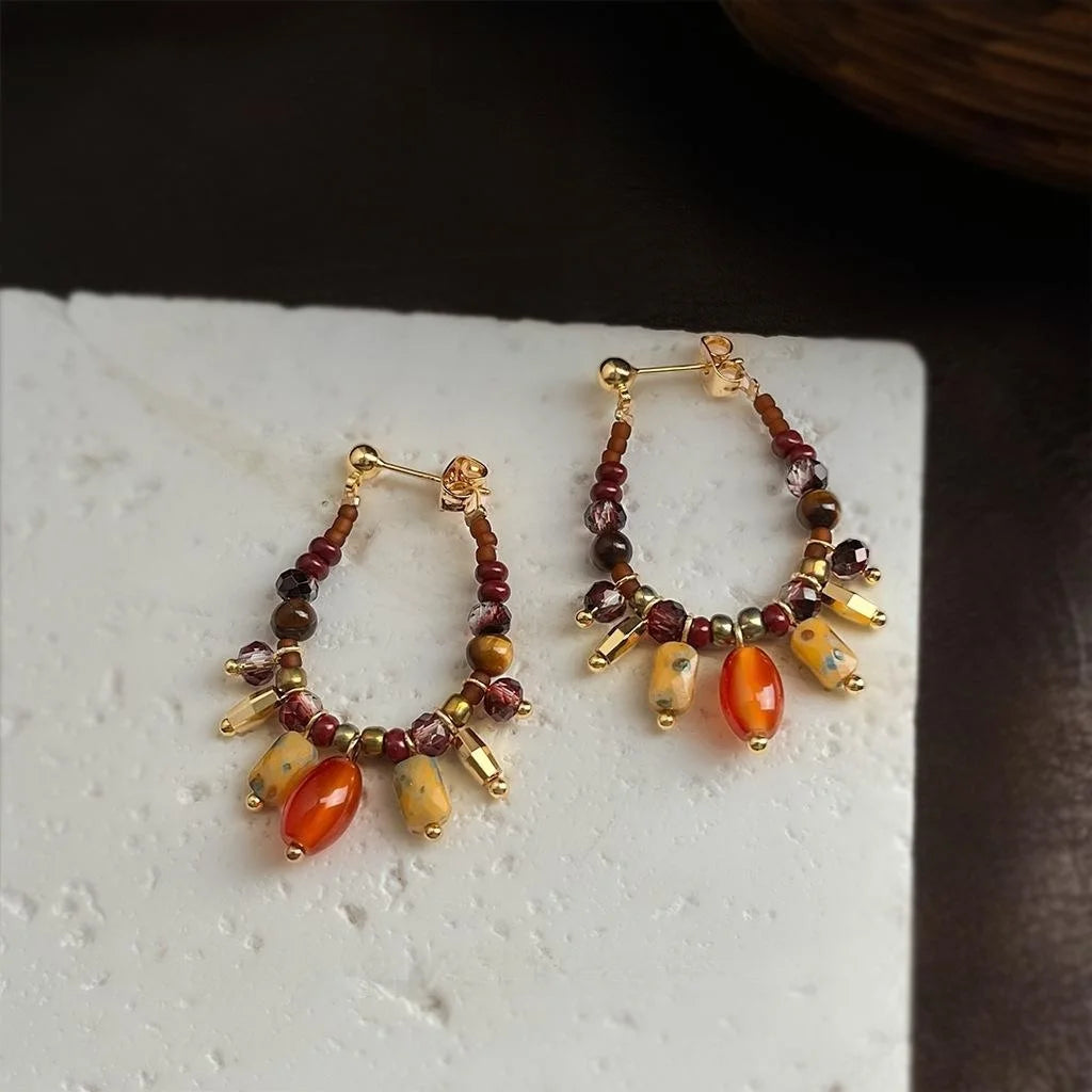 Handmade Ethnic Geometric Drop Earrings With Tiger Eye Red Agate Czech Glass And Seed Beads