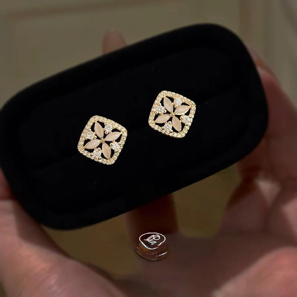 Fresh Sweet Geometric Square Flower Stud Earrings With Zircon And Glass Cat Eye Stones