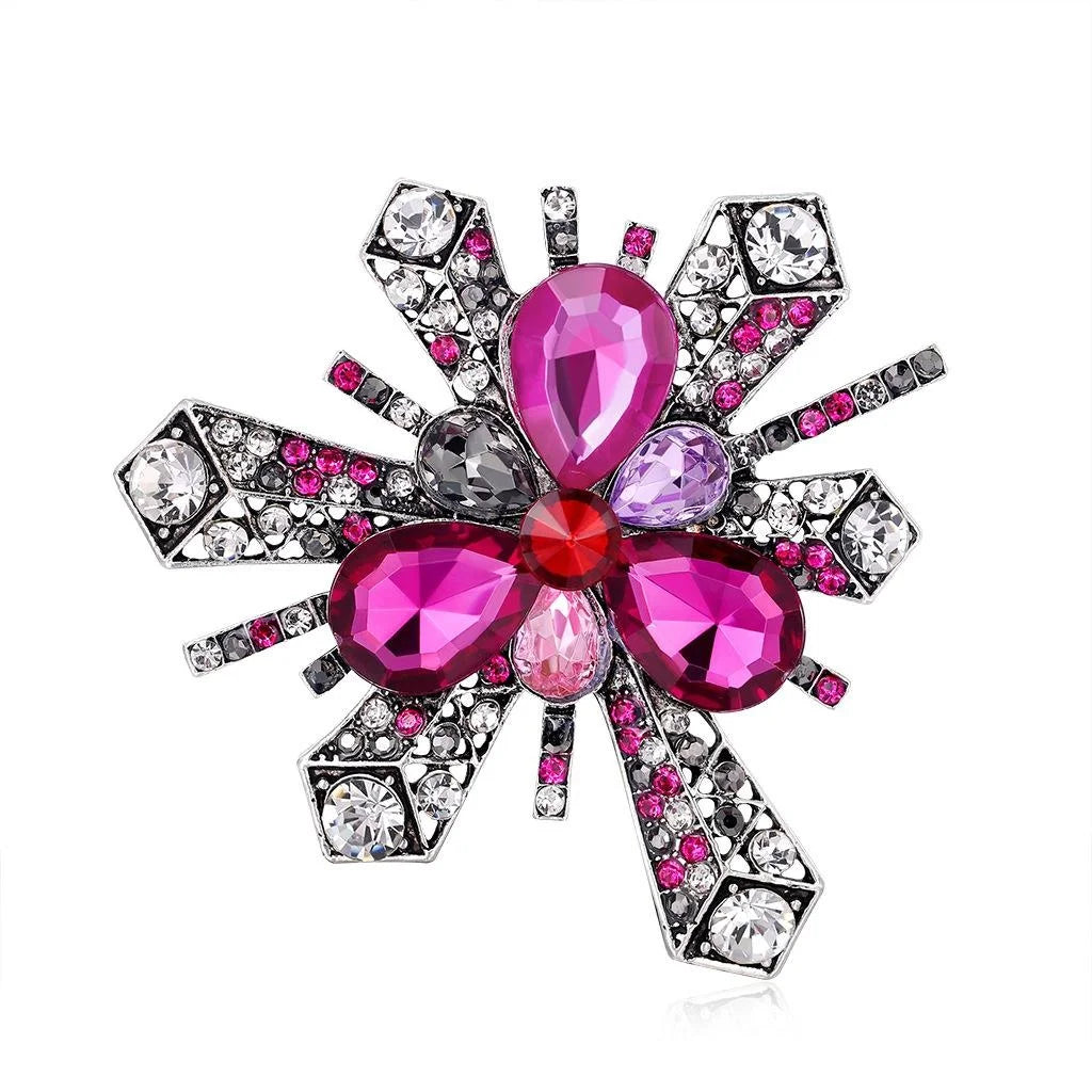 Vintage Pink Acrylic Gem Flower Brooch With Rhinestone Alloy Burst Design, Elegant Lapel Pin Gift