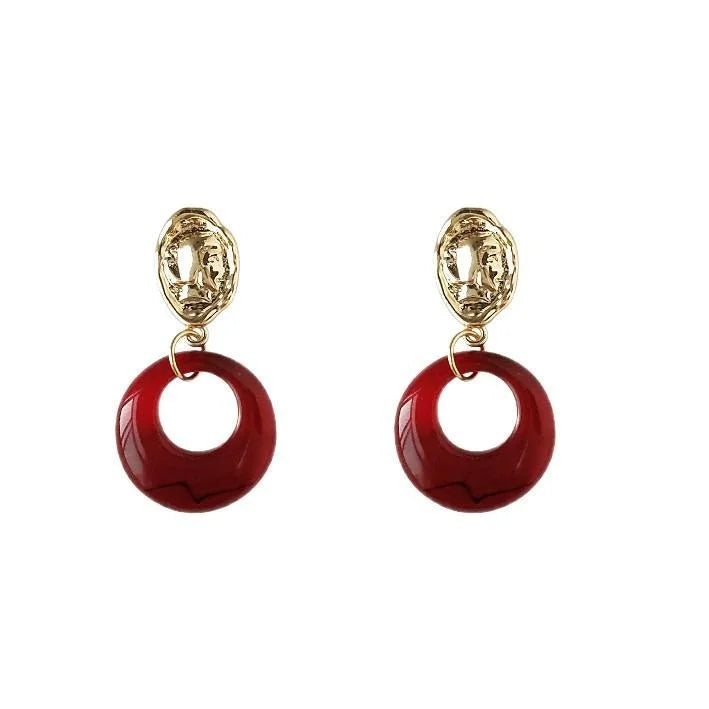 French Vintage Burgundy Geometric Round Copper Drop Earrings With 14K Plated