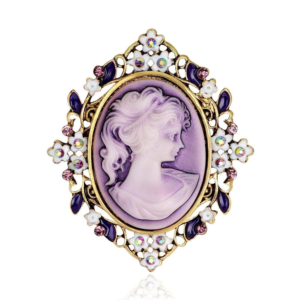 Vintage Queen Cameo Portrait Brooch With Enamel Flowers And Rhinestones, Elegant Lapel Pin Suit Gift