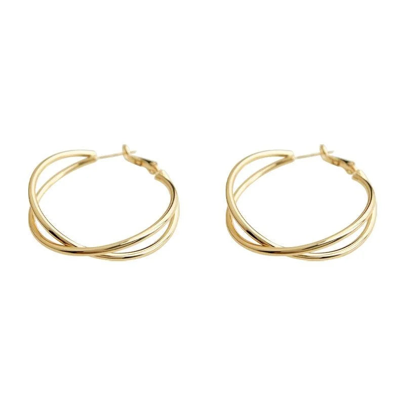 14K Plated Copper Geometric Cross Twist Hoop Earrings, Statement Round Commuter Jewelry