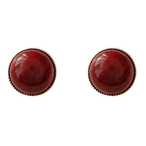 French Vintage Hong Kong Style Red Blush Resin Ball Stud Earrings With Silver Plated Pins