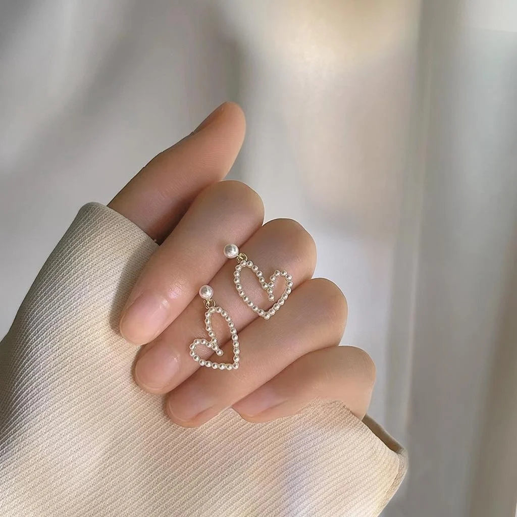 14K Gold Plated Copper Pearl Hollow Heart Stud Earrings Sweet Fresh Korean Style