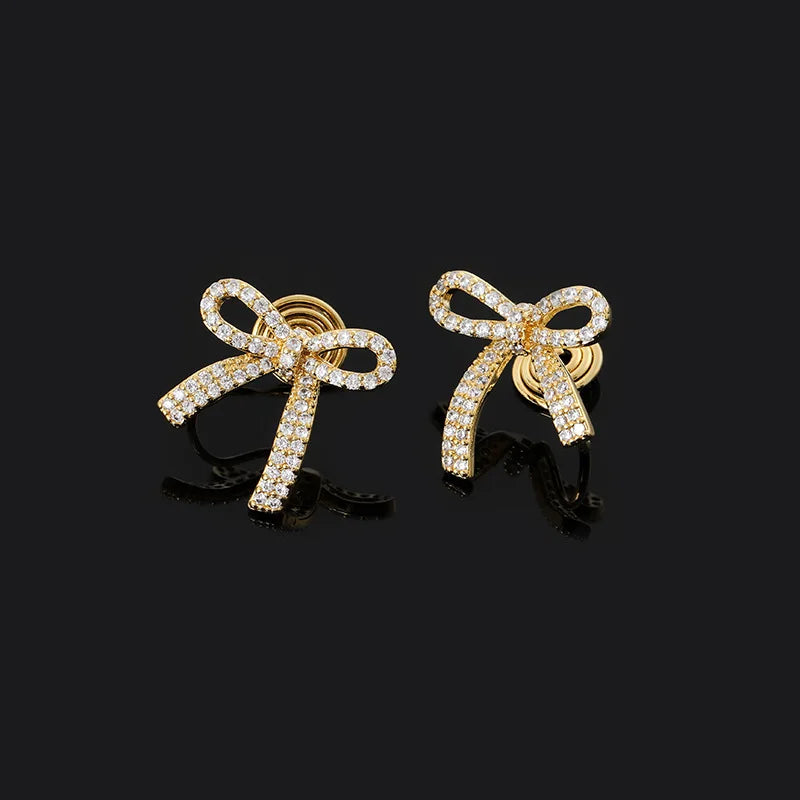 Luxury Gold Alloy Zircon Pave Bow Knot Stud & Clip On No Piercing Fashion Jewelry Earrings