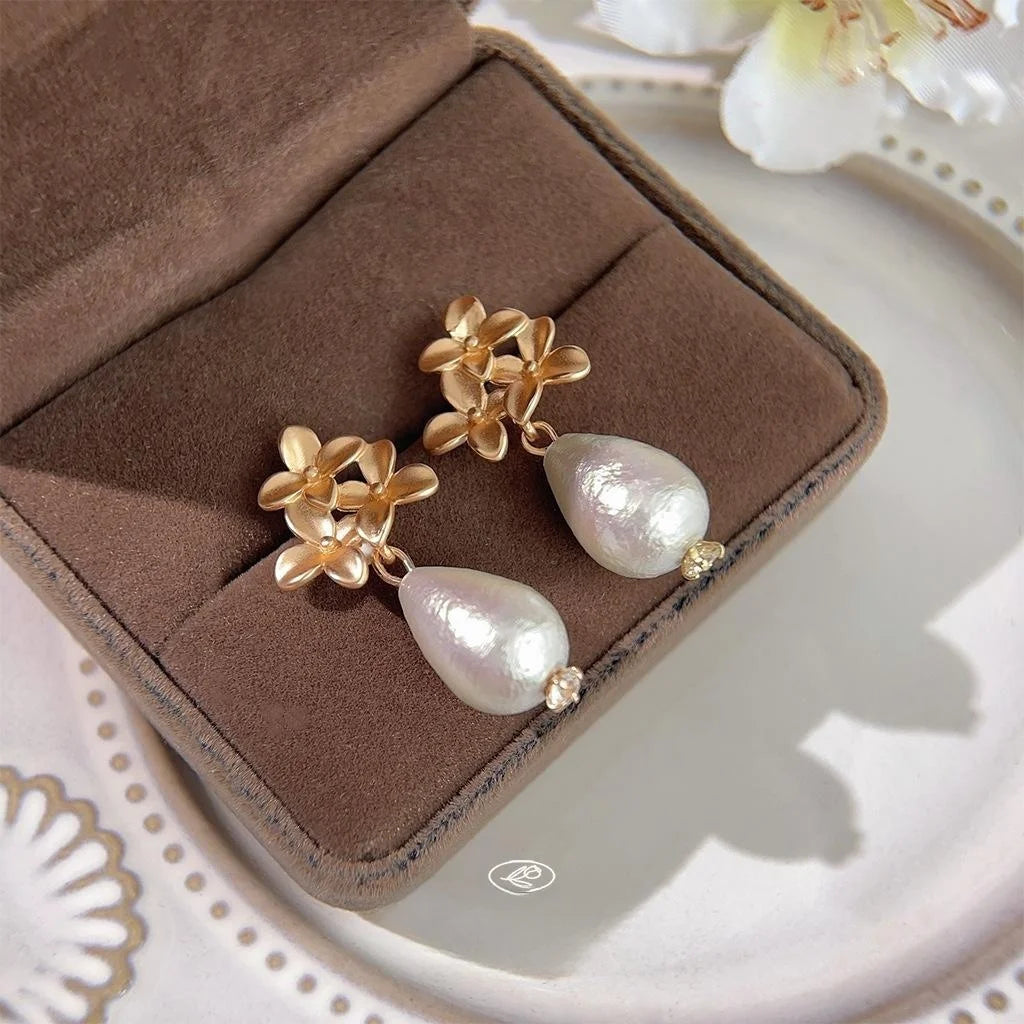 Light Luxury Matte Petal Cotton Pearl Drop Earrings Copper Floral Teardrop Jewelry