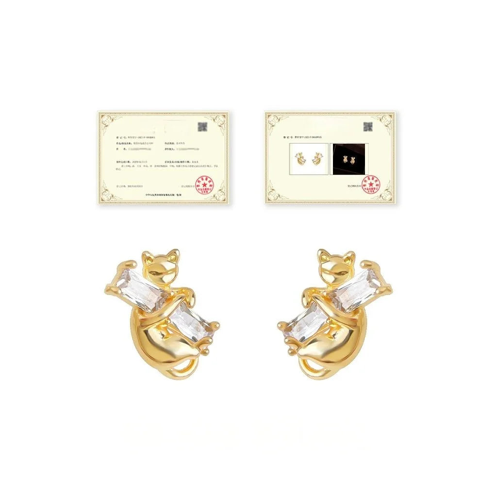 Original Cat Zircon Inlaid Copper Stud Earrings Designer Geometric Style