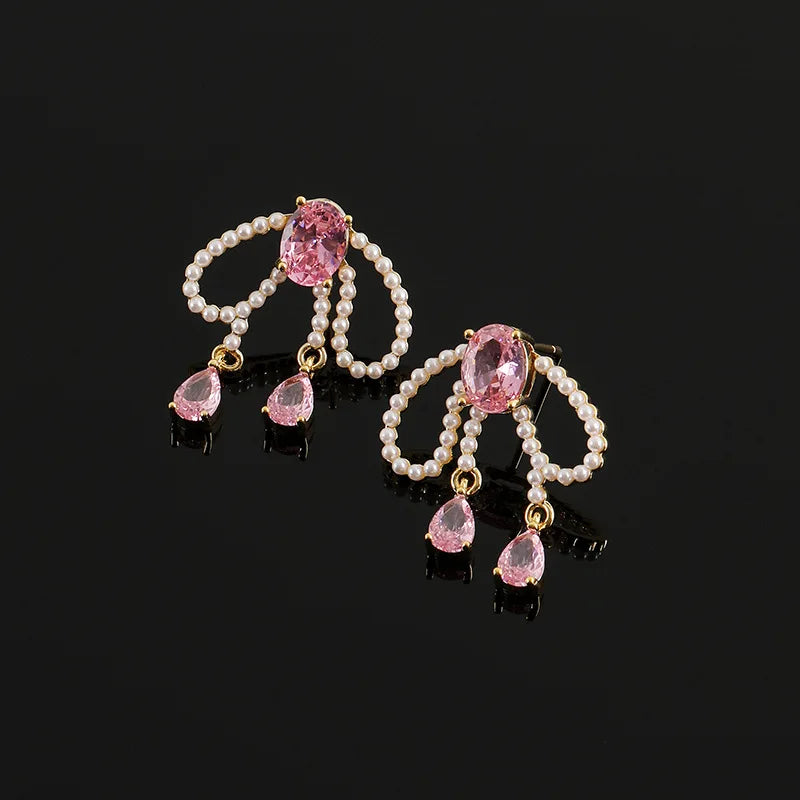 Elegant Pink Zircon And Faux Pearl Bow Tassel Alloy Stud & Clip On No Piercing Bridal Party Earrings