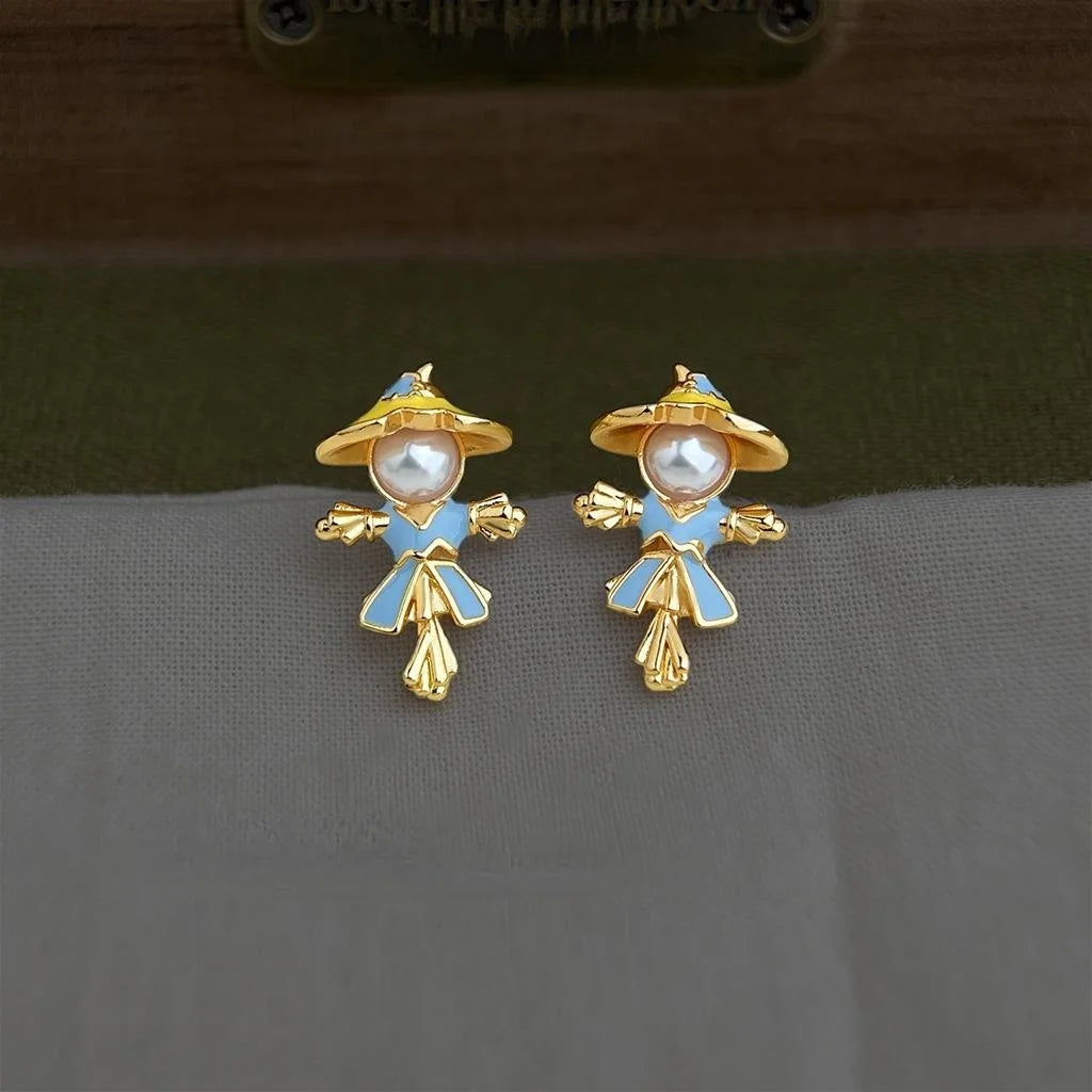 Niche Style Copper High Gloss Pearl Scarecrow Doll Enamel Hand Painted Stud Earrings