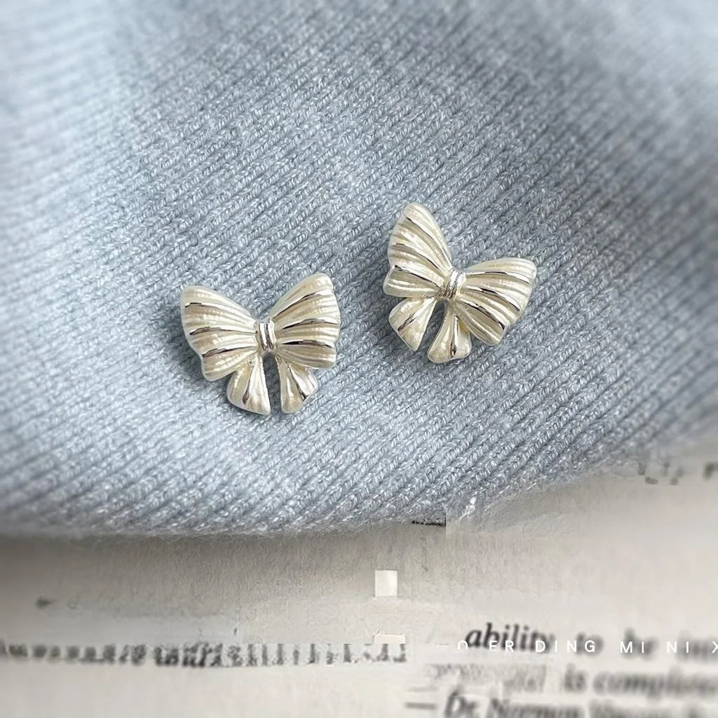 Elegant White Bow Stud Earrings Copper Fashion Jewelry