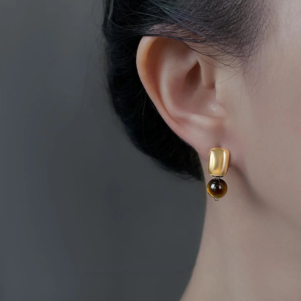 Maillard Style 14K Plated Copper Tiger Eye Stone Geometric Square Drop Earrings