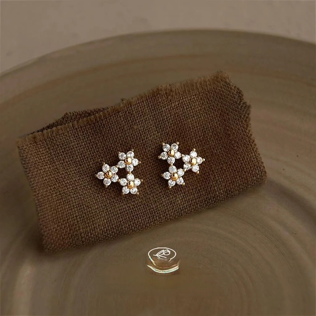 18K Gold Plated Copper Micro Pave Zircon Mini Flower Stud Earrings