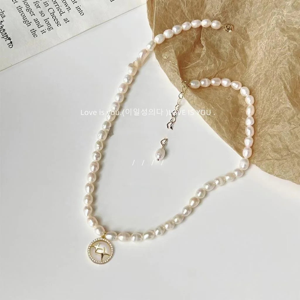 14K Plated Freshwater Pearl Zircon Geometric Round Adjustable Clavicle Necklace